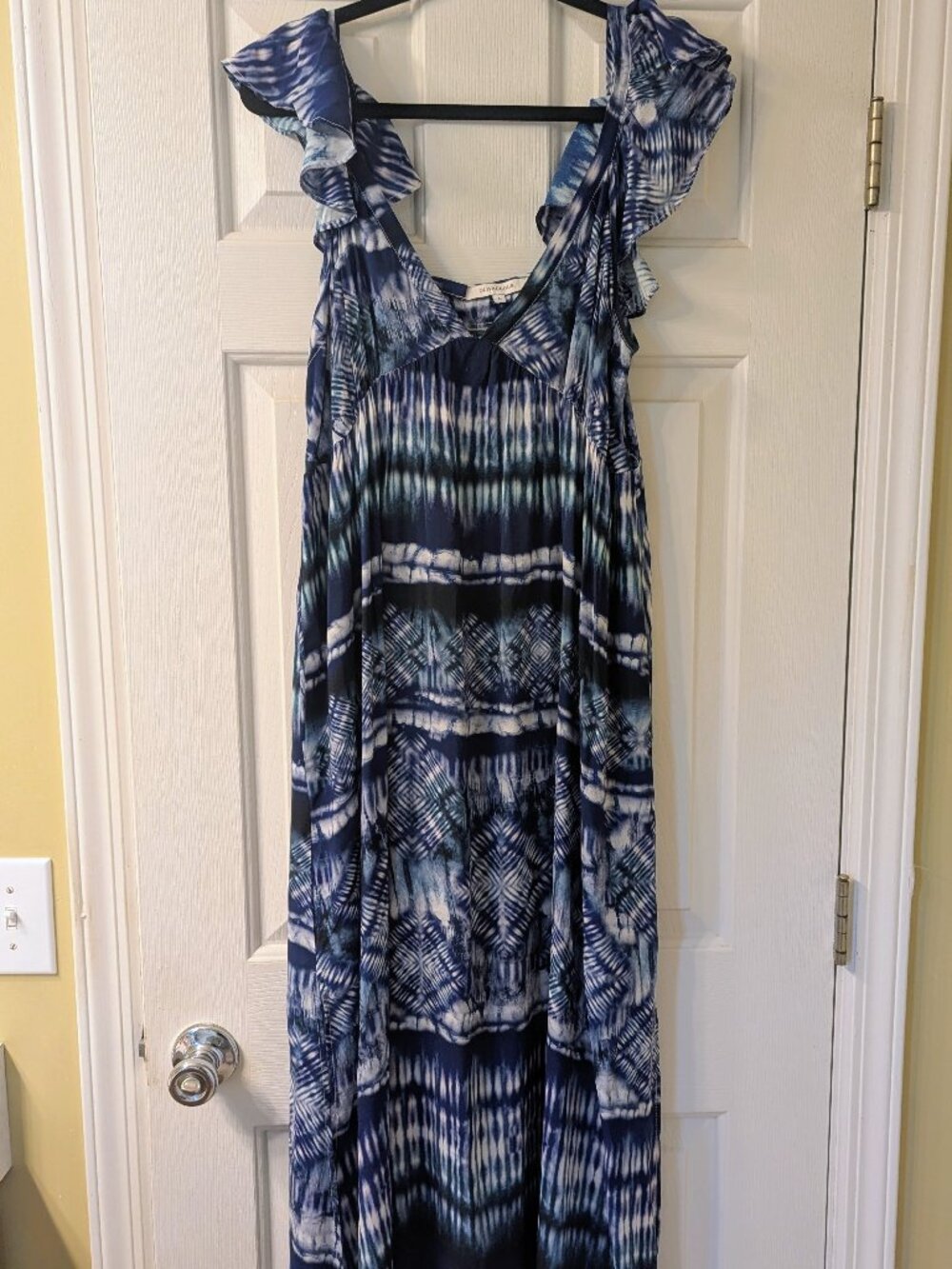 Oliveaceous Blue Tie‑Dye Ruffle Strap Maxi Dress L